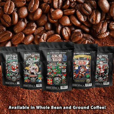 The image showcases the Bones Coffee Company's Holiday Sample Pack, an ideal Christmas gift for doctors. The pack includes a variety of gourmet coffee flavors, each uniquely packaged in vibrant, holiday-themed bags. The bags are artistically arranged to emphasize their festive designs and the Bones Coffee Company logo.