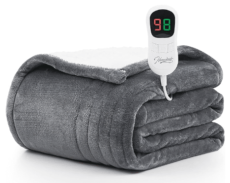 A grey Homemate Heated Blanket Electric Throw, showcasing its plush texture and the control unit for adjusting heat settings.