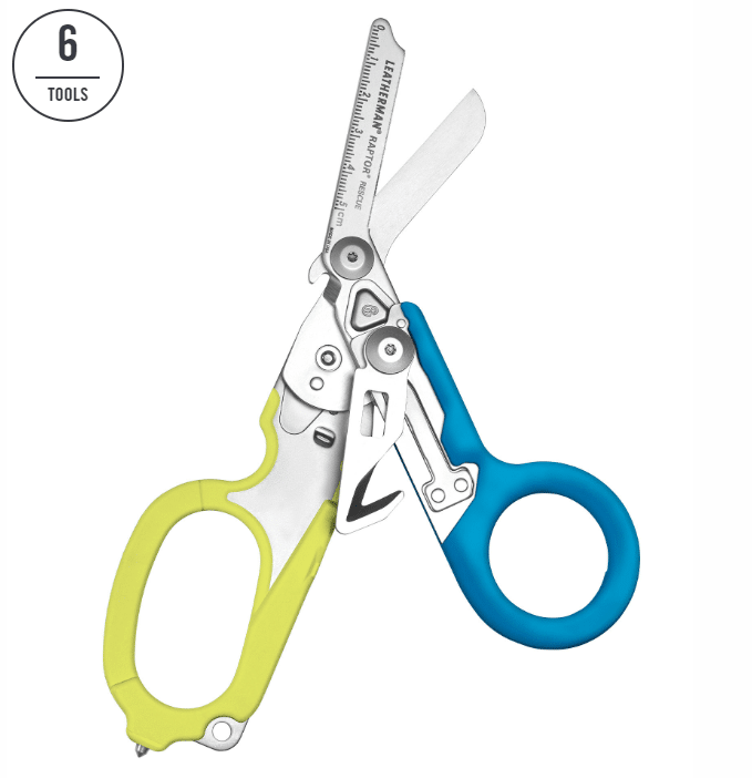 Image of a pair of Raptor Shears, a multi-functional tool designed for medical professionals. The shears are sleek and stainless steel, featuring integrated tools such as a strap cutter, a ring cutter, a ruler, and a carbide glass breaker.