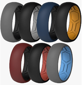 A collection of ThunderFit Silicone Wedding Bands displayed in assorted colors, marketed as unique gifts suitable for doctors. The bands are designed for comfort and durability, ideal for professionals who require non-conductive and hypoallergenic jewelry.